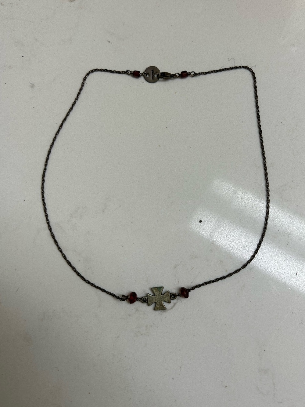 Cross Pendant Chain Necklace - Garnet Bead Accent